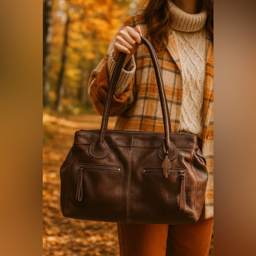 Roots Brown Leather Shoulder Bag with Dual Zipper Pockets